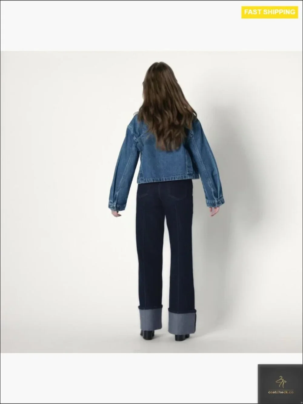 Oversized Cropped Denim Jacket Contrast Corduroy Collar Y2K Vintage Inspired - Picture 7 of 7